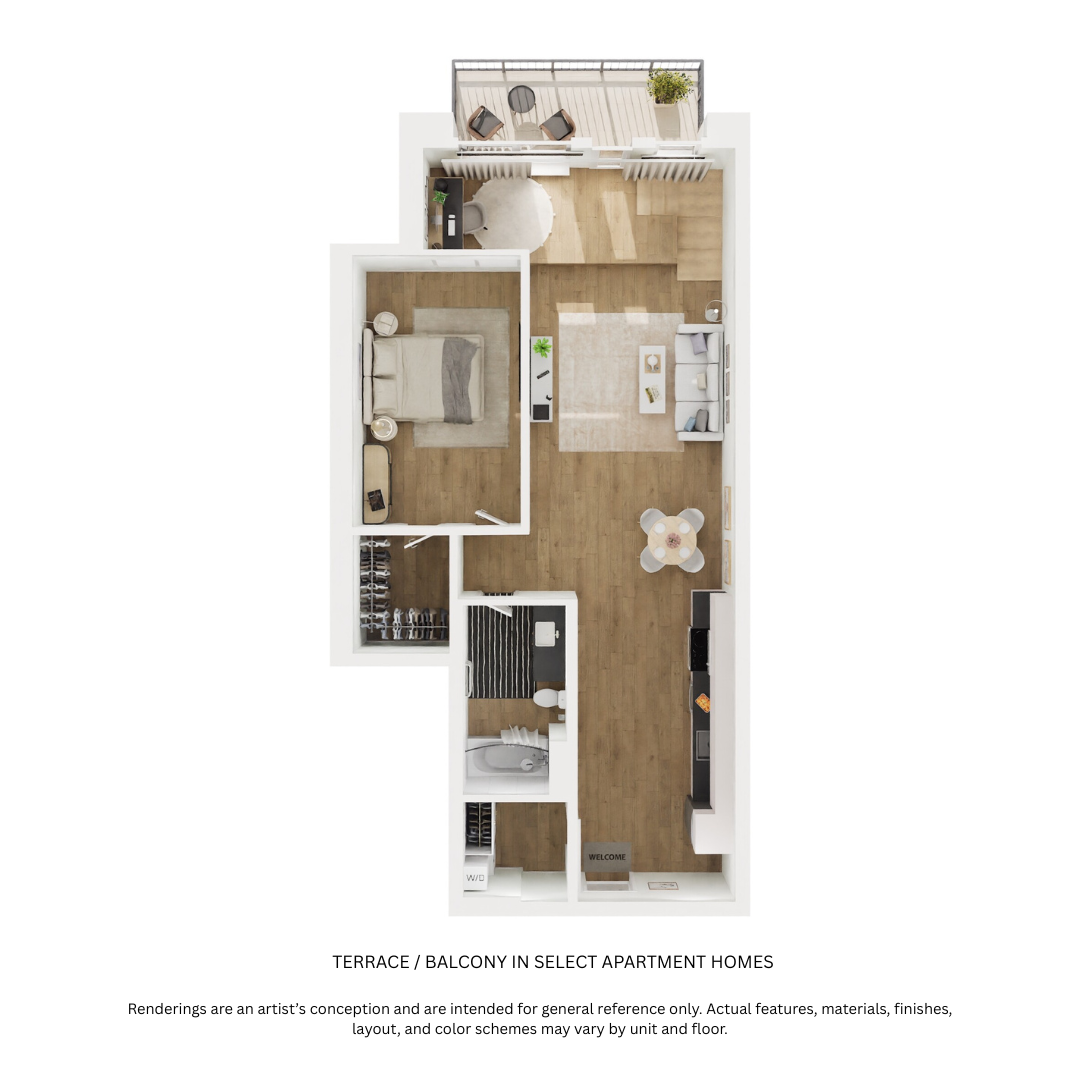 Floor plan for 1 bed, 1 bath, 714 sqft